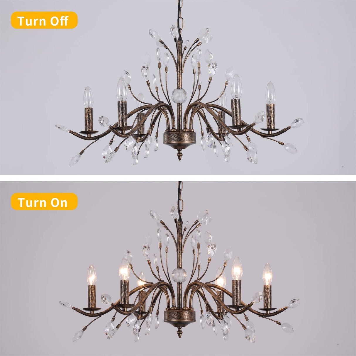 Bronze Farmhouse Crystal Chandelier, 6-Light Rustic Pendant Lighting Fixtures with Crystal Branch, Vintage French Country Chandeliers for Dining Room Living Room Kitchen Bedroom Restaurant