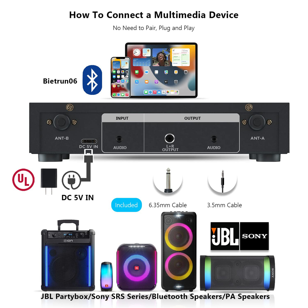 Wireless Microphones with Echo, Easy-to-Use, Auto Connect, 160 ft Range, 1/8''&1/4''Output, UHF Dual Channel Cordless Handheld Dynamic Mics System for Church,Wedding, Karaoke, Speech, Singing