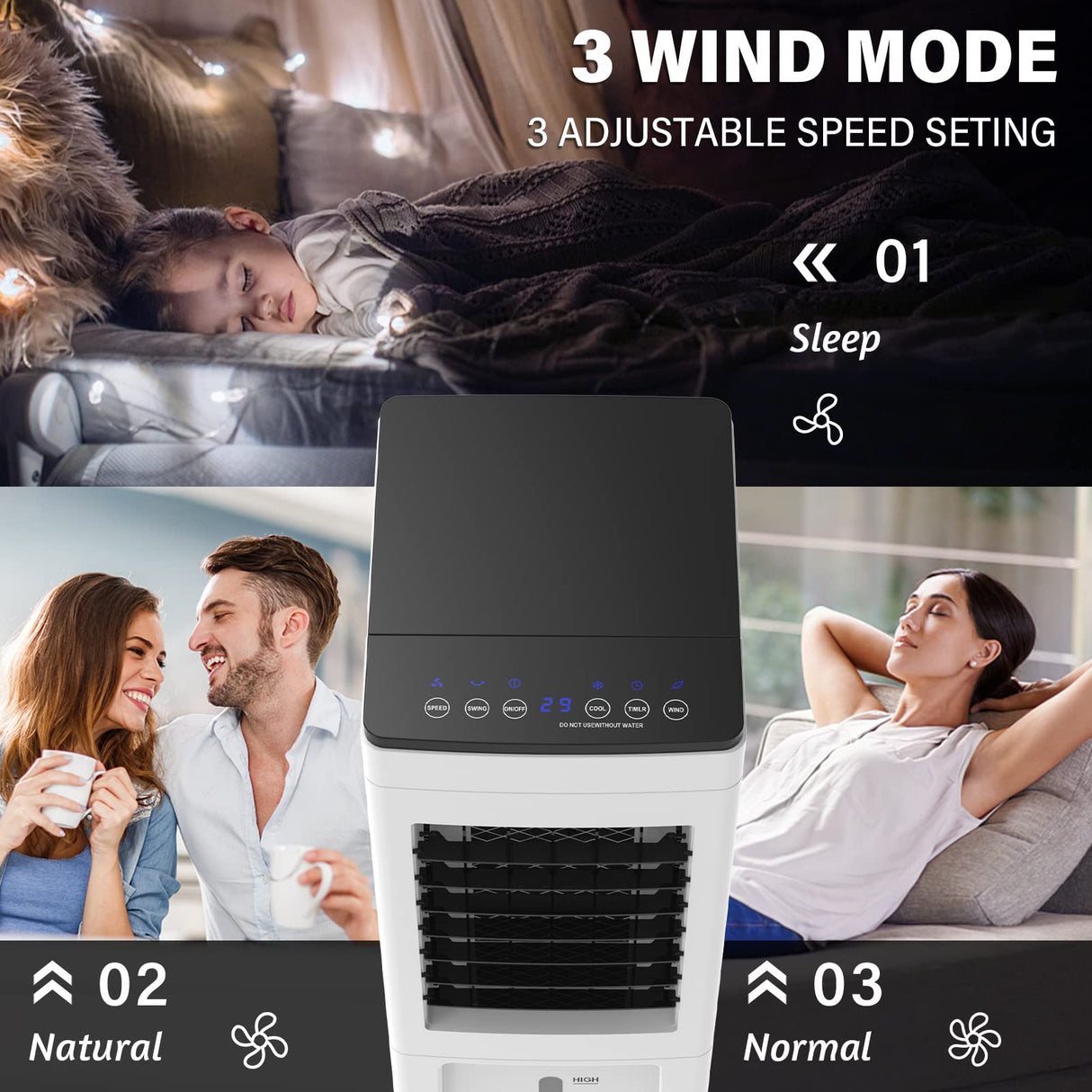 8L Evaporative Air Cooler, 3 in1 Portable Air Cooler Air Conditioner Fan 3 Speeds, w/Remote & 4 Ice Box, White