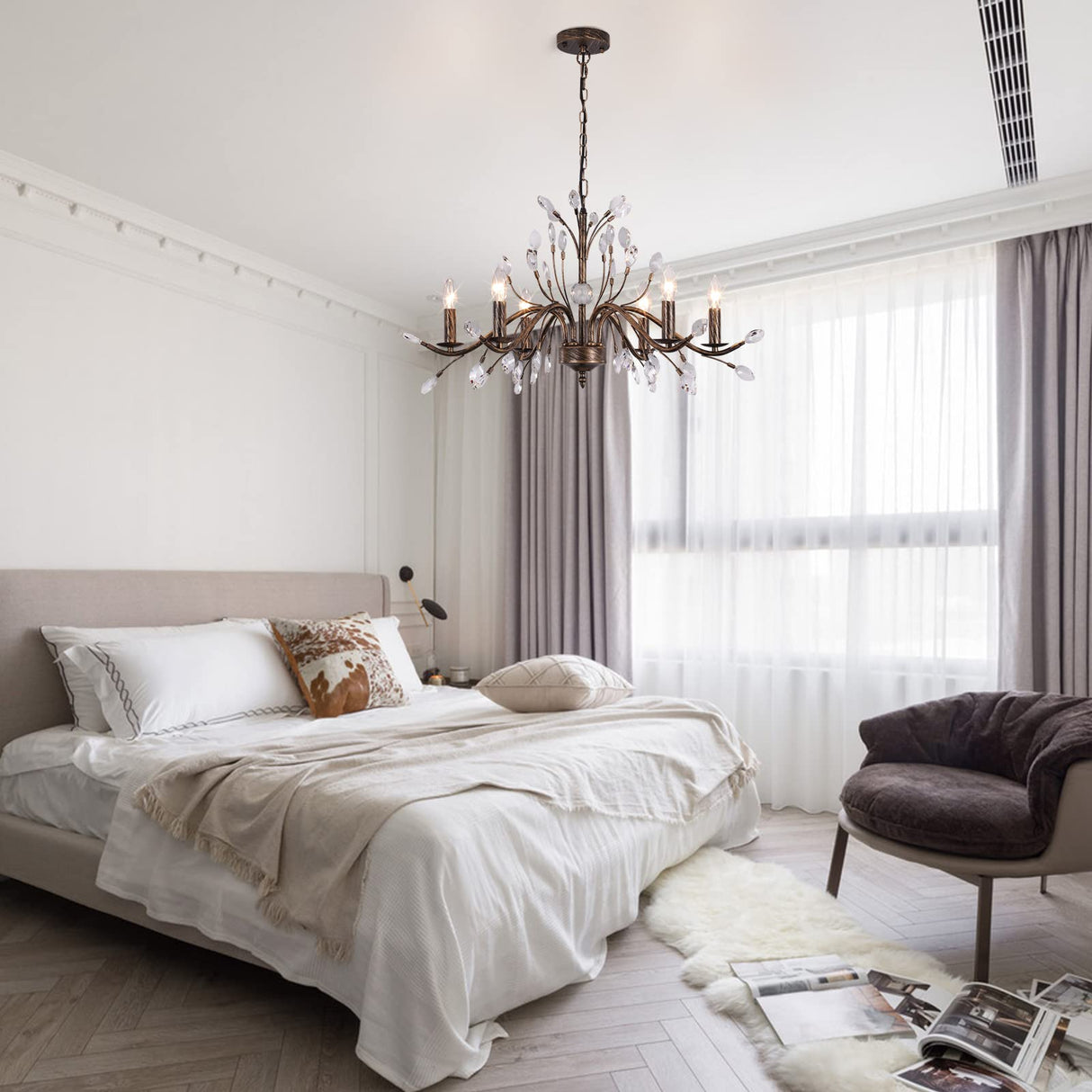 Bronze Farmhouse Crystal Chandelier, 6-Light Rustic Pendant Lighting Fixtures with Crystal Branch, Vintage French Country Chandeliers for Dining Room Living Room Kitchen Bedroom Restaurant