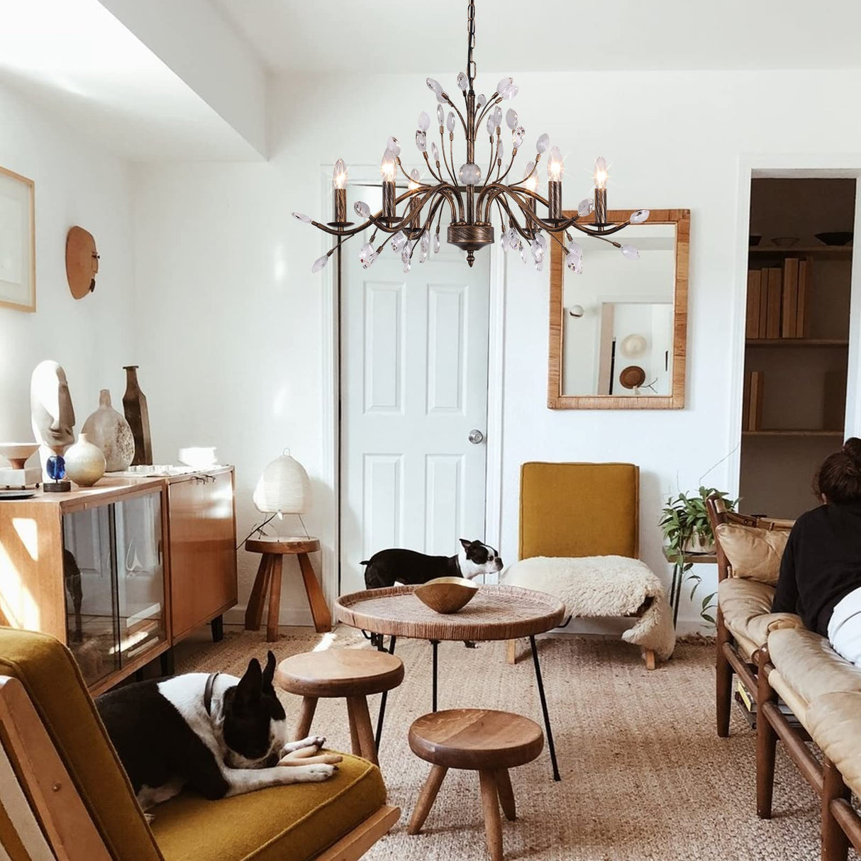 Bronze Farmhouse Crystal Chandelier, 6-Light Rustic Pendant Lighting Fixtures with Crystal Branch, Vintage French Country Chandeliers for Dining Room Living Room Kitchen Bedroom Restaurant