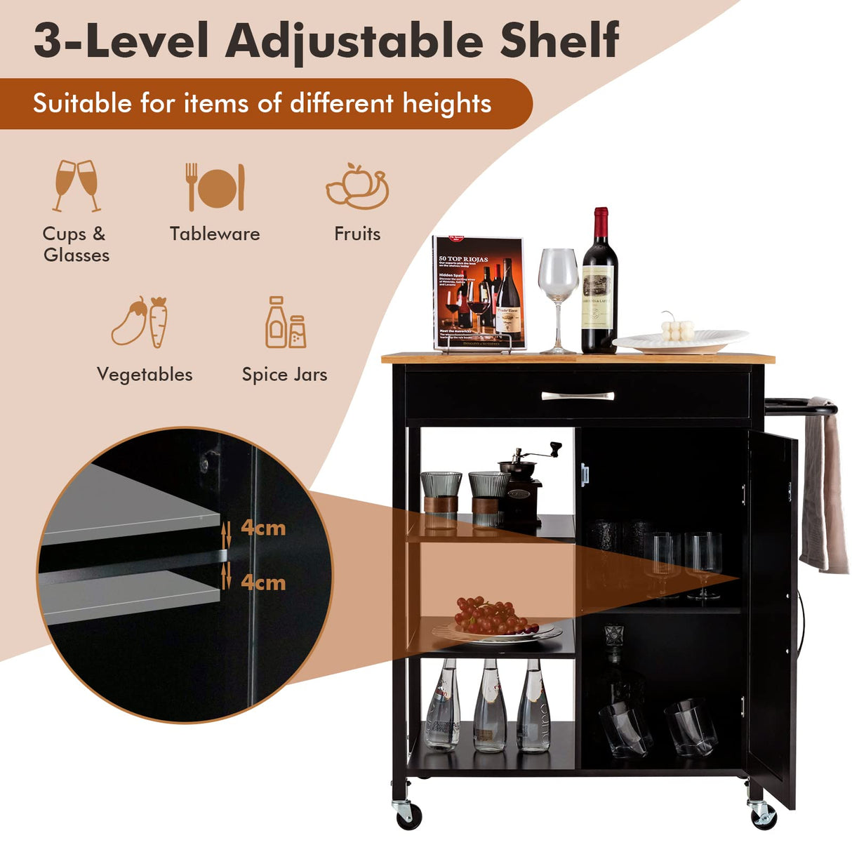 Kitchen Cart with Rubber Wood Top, Movable Kitchen Island with 3-Tier Open Shelf, Deep Drawer, Single Door Cabinet, Rolling Serving Cart for Kitchen Dining Room Bar (Brown)