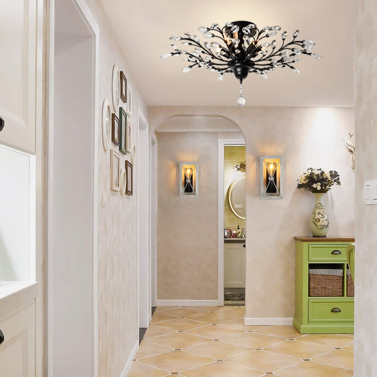 Ganeed Crystal Chandeliers,Vintage K9 Clear LED Ceiling Lighting,Edison Pendant Light Flush Mounted Fixture with 4 Light for Living Room Dinning Room Restaurant Porch Hallway (Black)