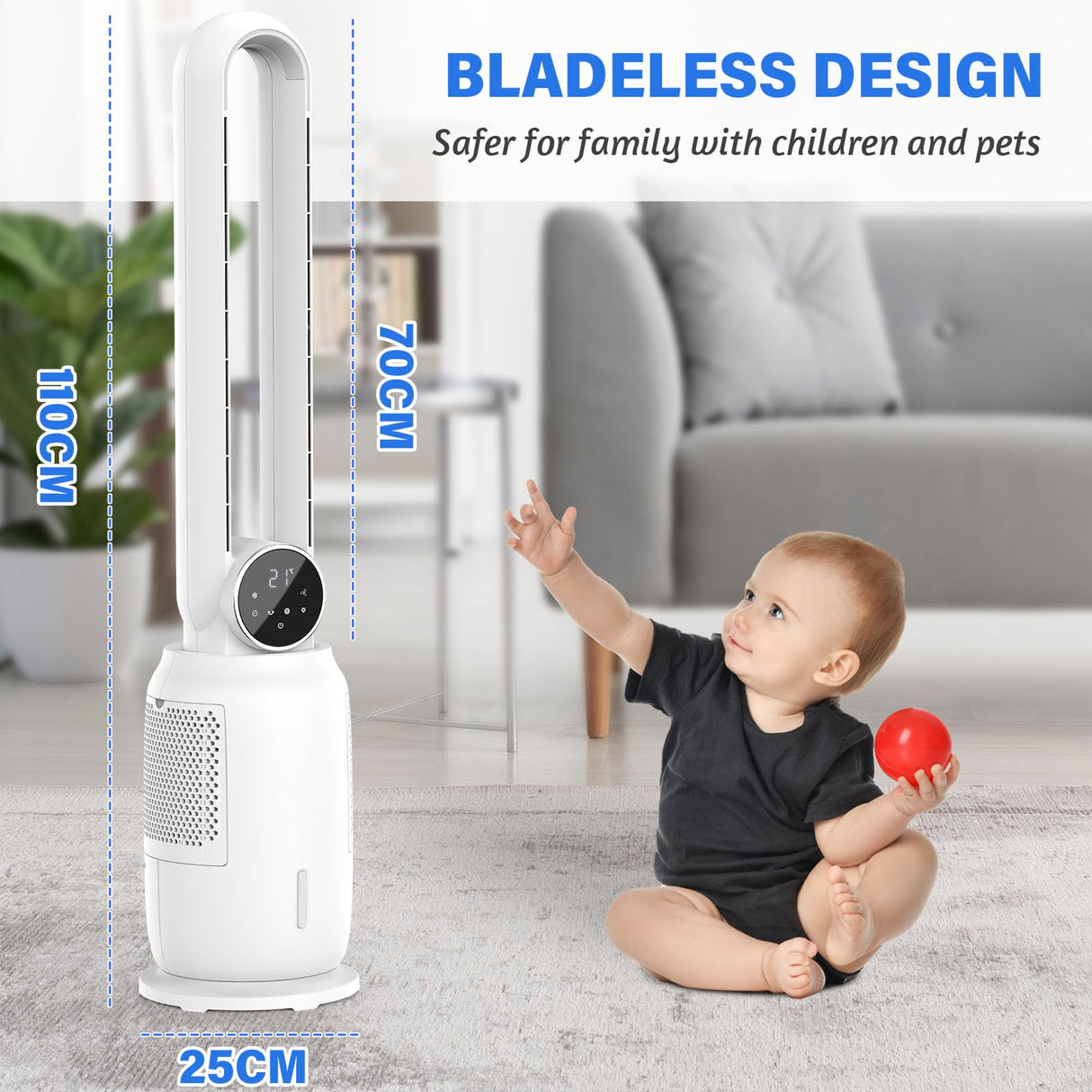 Evaporative Air Cooler, Bladeless Fan with 3 Speeds, Remote Control, Night Light, Electric Purifying Fan Suitable for Indoor Home Large Room Bedroom Office Use 2.5L