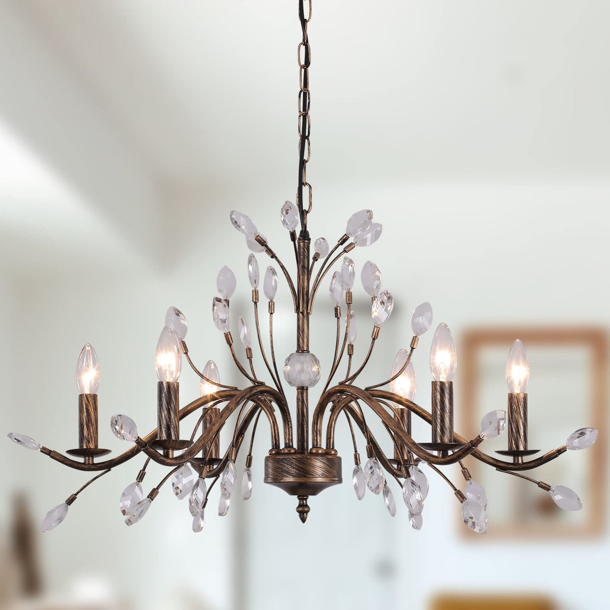 Bronze Farmhouse Crystal Chandelier, 6-Light Rustic Pendant Lighting Fixtures with Crystal Branch, Vintage French Country Chandeliers for Dining Room Living Room Kitchen Bedroom Restaurant