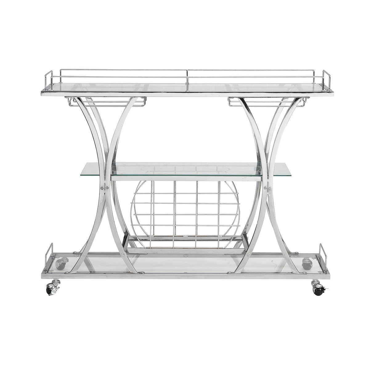 Chrome Stainless Steel & Glass Shelves Bar Cart Holders with 12 Glasses and 11 Wine Bottles, Silver