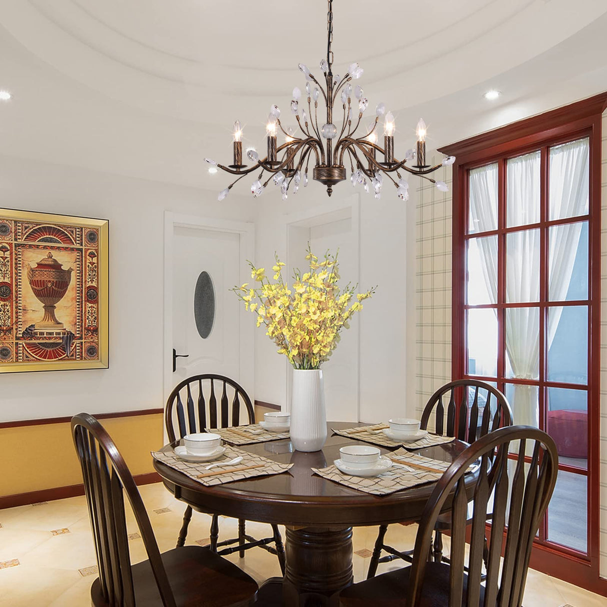 Bronze Farmhouse Crystal Chandelier, 6-Light Rustic Pendant Lighting Fixtures with Crystal Branch, Vintage French Country Chandeliers for Dining Room Living Room Kitchen Bedroom Restaurant