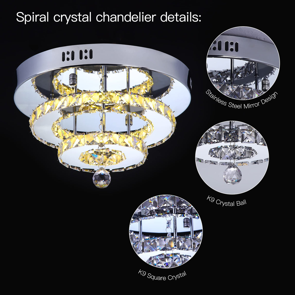 Crystal LED Ceiling Light, Ceiling Crystal Lamp Stainless Steel K9 Modern Flush Mount Lights Fixture 2 Layers Round Chandelier Ceiling Lamp for Dining Room Living Room Bedroom