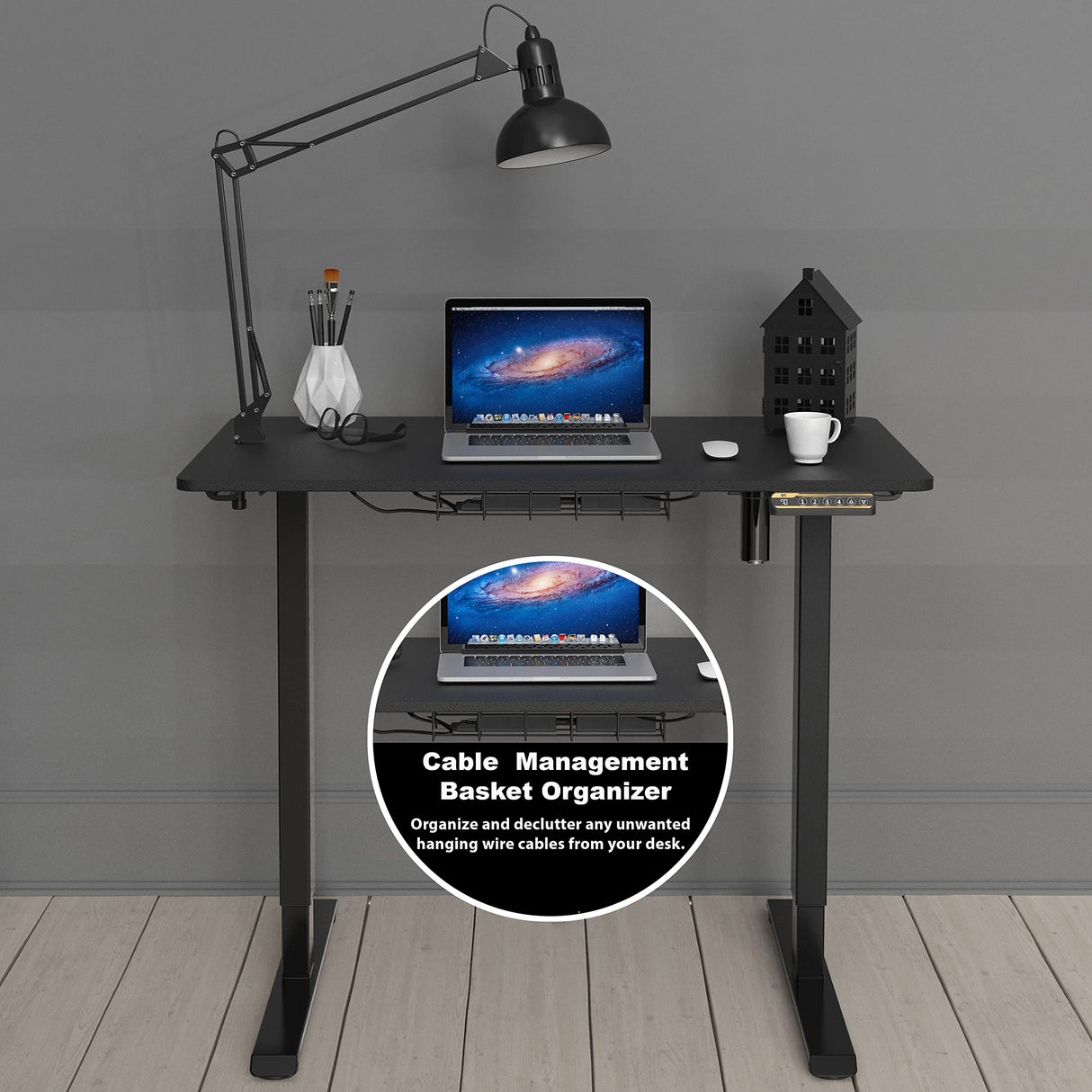 Small Electric Height Adjustable Sit Stand Desk with Hanging Hooks and Cable Management, 40 x 22 Inches, Black Frame and Black Top