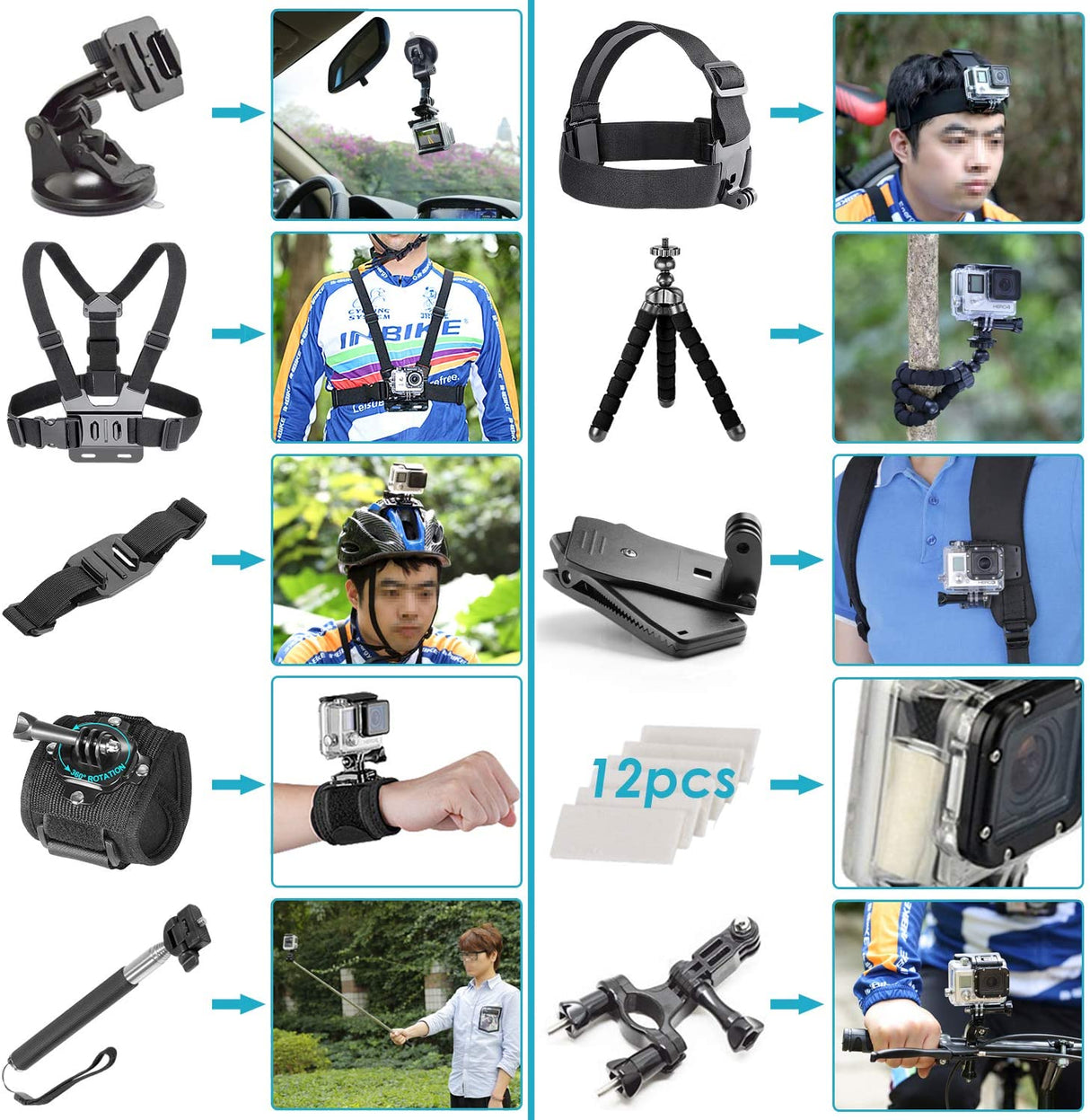 50-In-1 Action Camera Accessory Kit Compatible with GoPro Hero 9 8 Max 7 6 5 4 Black GoPro 2018 Session Fusion Silver White Insta360 DJI AKASO APEMAN Campark SJCAM Action Camera