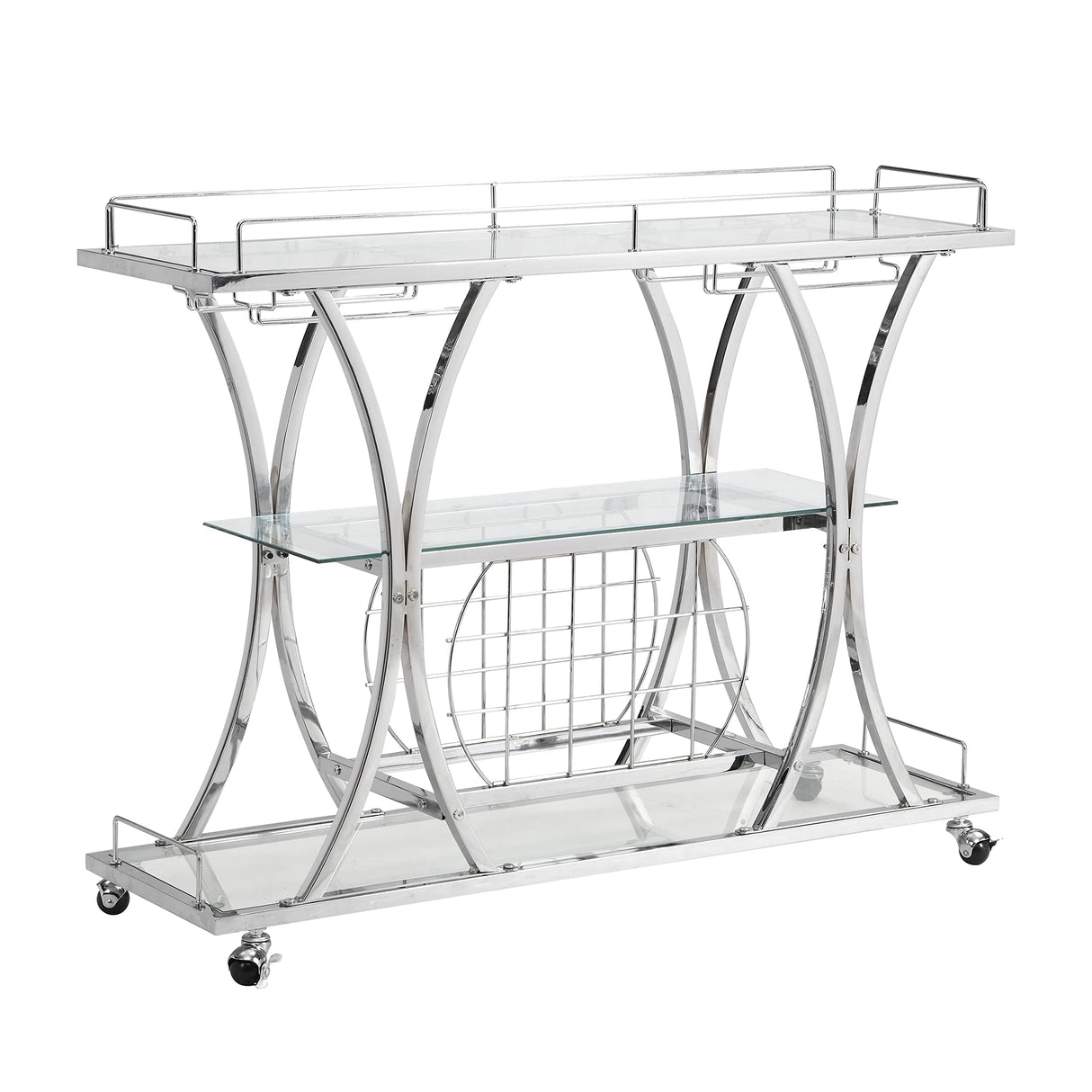Chrome Stainless Steel & Glass Shelves Bar Cart Holders with 12 Glasses and 11 Wine Bottles, Silver