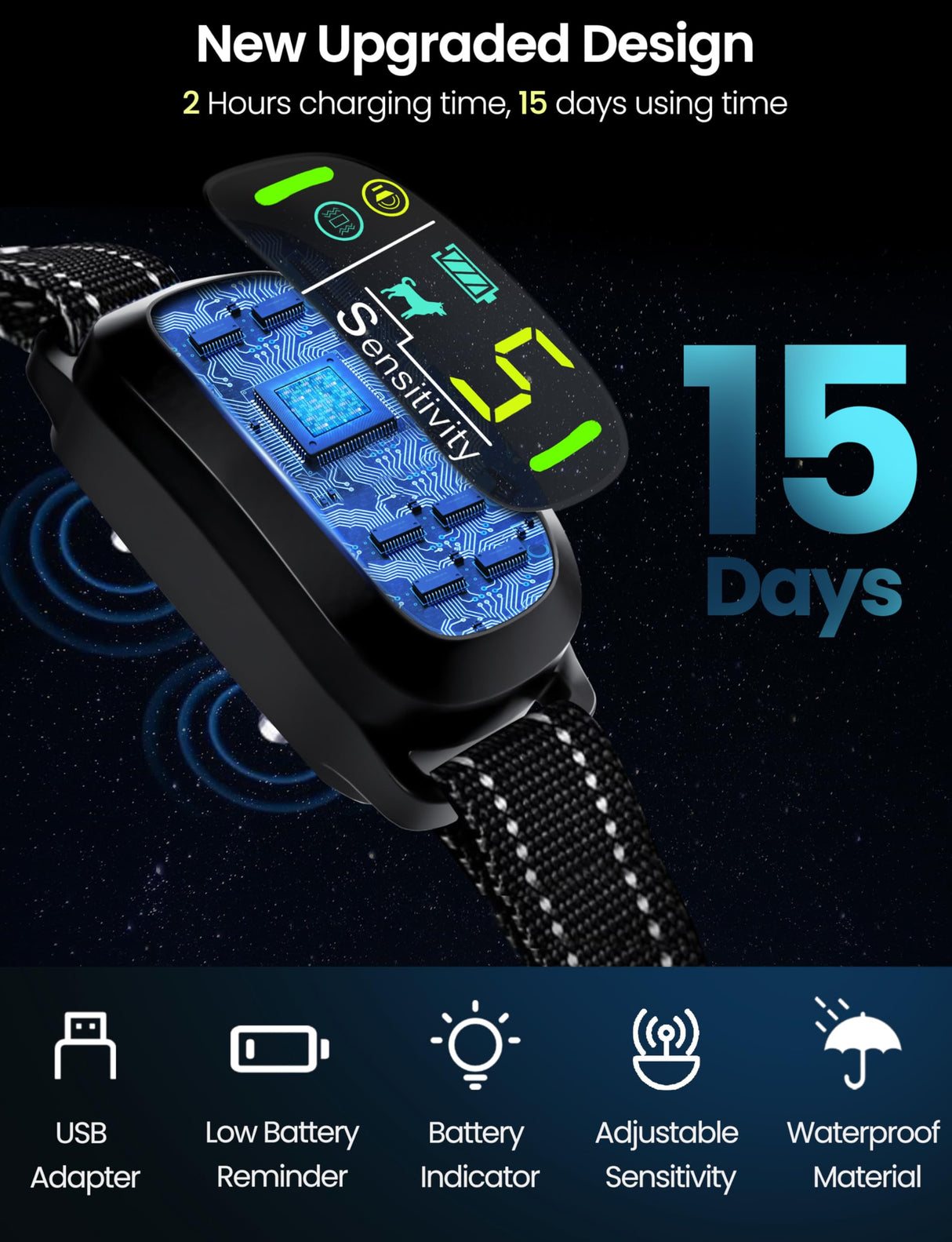 Dog Bark Collar, Rechargeable Smart Barking Collar with 5 Sensitivity Levels, IPX7 Waterproof Anti Barking Training Collar for Large Medium Small Dogs, No Shock Bark Collar