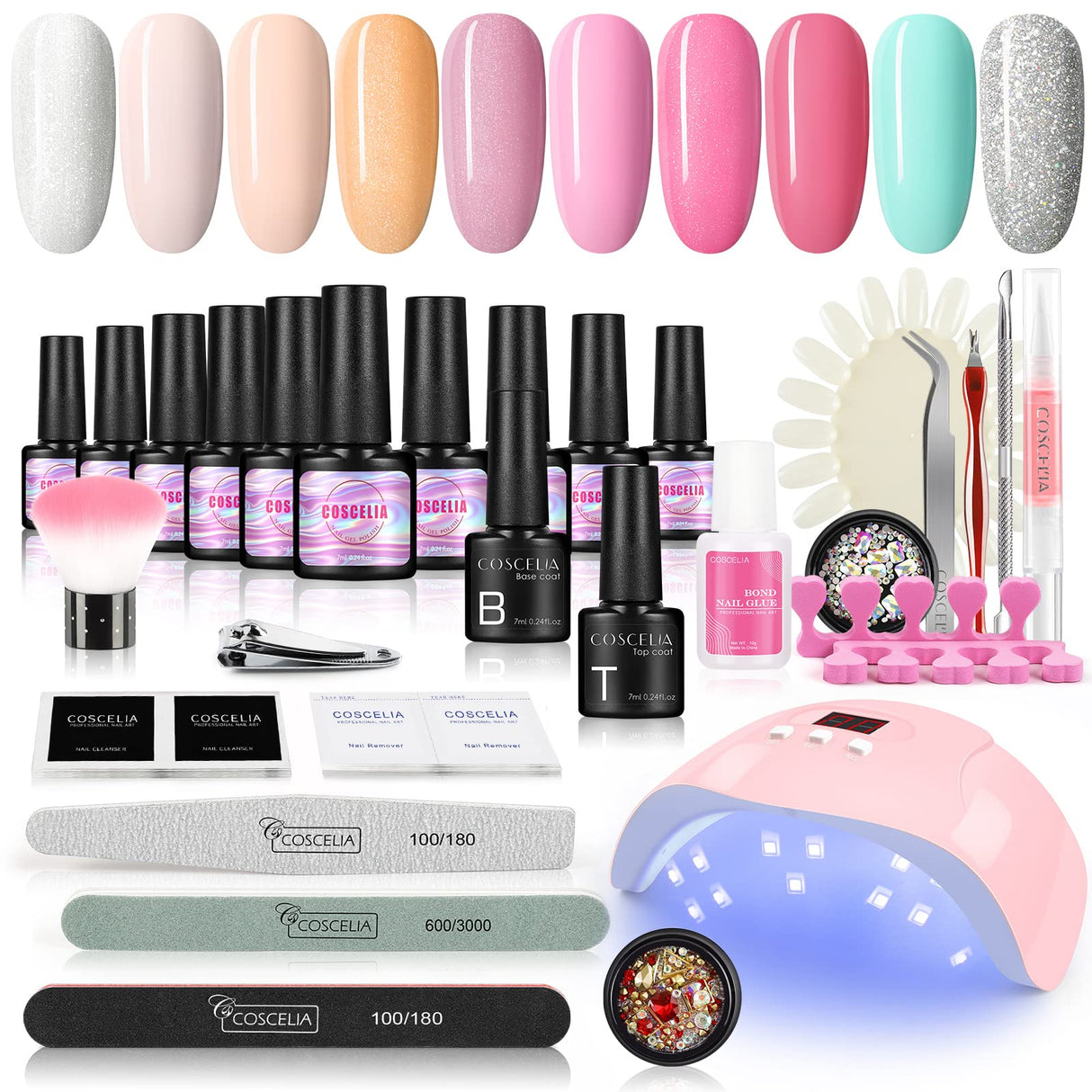 Gel Nail Polish Kit with U V Light, Gel Polish Starter Kit 10 Colors with 36W Nail Lamp and Base Top Gel Coat, Nail Design Kit Manicure Tools and Rhinestones, Decorations Nail Art DIY Set for Women
