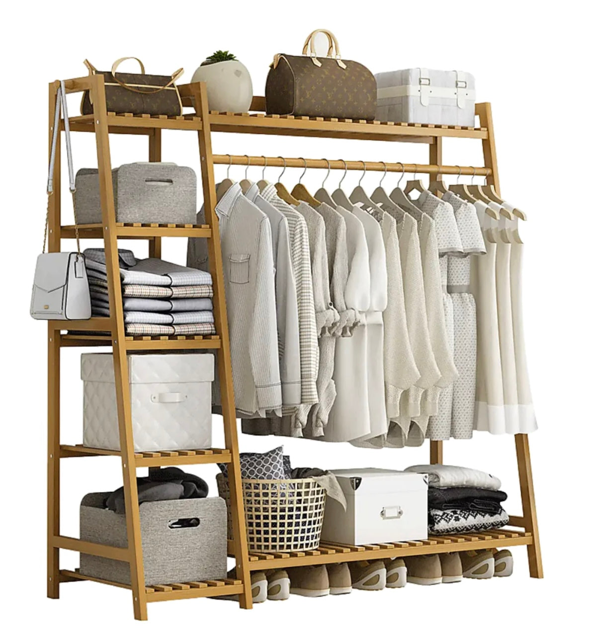 Portable Clothes Rack Coat Garment Stand Bamboo Rail Hanger Airer Closet