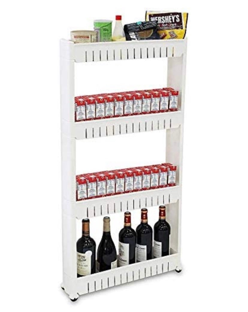 4 Tier Slim Storage Cart Mobile Shelving Unit Organizer Slide Out Storage Rolling Utility Cart Tower, Gap Storage Pantry Storage Rack for Kitchen Bathroom Laundry Narrow Spaces, Plastic, White