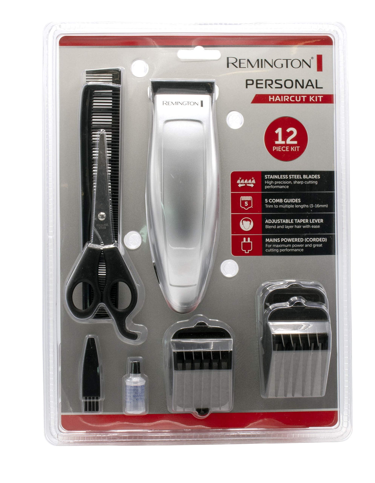 Remington Personal Haircut Kit, HC70A, Corded, 12-Piece Pack: Hair Clipper, Scissors, 5x Comb guides (3-16MM), Styling Combs, Blade Guard, Cleaning Brush And Lubricating Oil - Silver