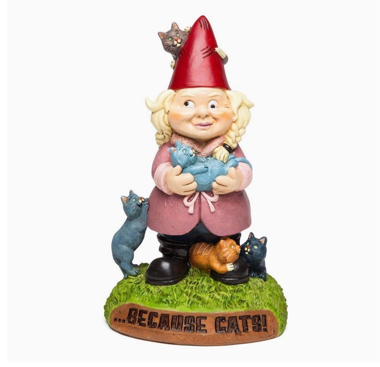 Crazy Cat Lady Garden Gnome - Funny Weatherproof Garden Decoration, Makes a Great Gag Gift - 9" Tall