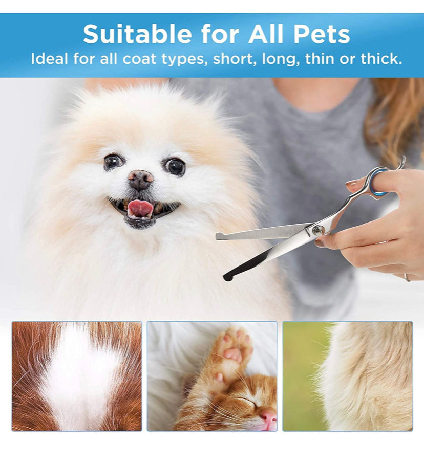 Dog Grooming Scissors Set, Safety Round Blunt Tip Grooming Tools, Professional Curved,Thinning,Straight Scissors with Comb,Grooming Shears for Dogs and Cats. (4 different size scissors)