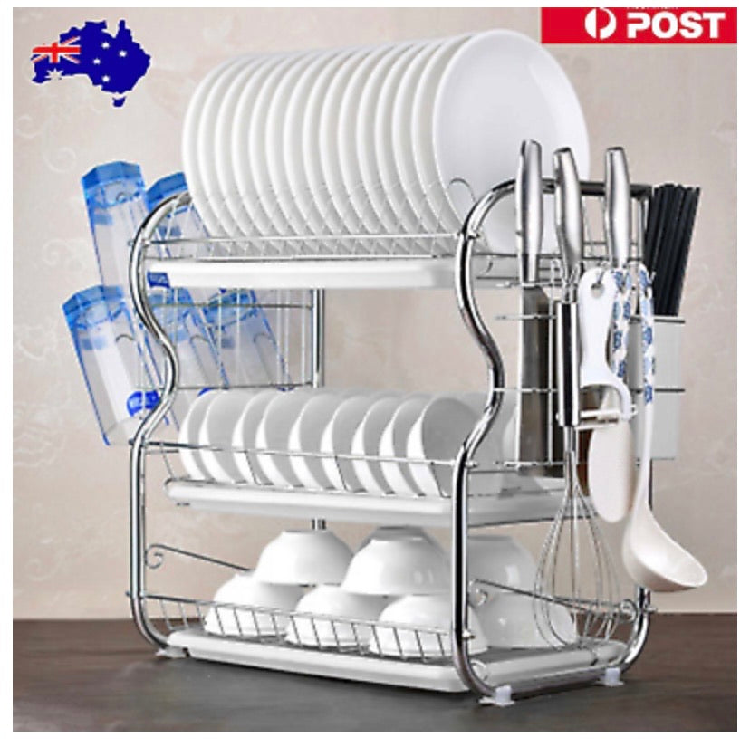 3 Tier Stainless Steel Dish Rack Drainer Cutlery Drainer Kitchen Storage Holder