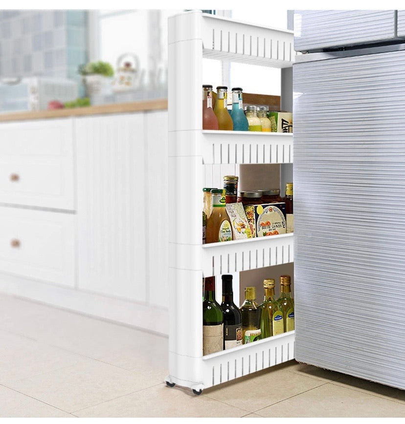 4 Tier Slim Storage Cart Mobile Shelving Unit Organizer Slide Out Storage Rolling Utility Cart Tower, Gap Storage Pantry Storage Rack for Kitchen Bathroom Laundry Narrow Spaces, Plastic, White