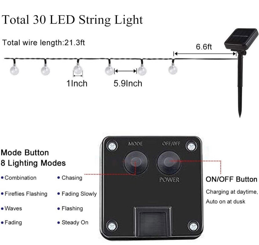 Solar String Lights Garden Lights 21.3ft Waterproof 8 Modes Outdoor Festival Lights Crystal Ball Decorative Fairy Lights for Patio Yard Home Wedding Parties