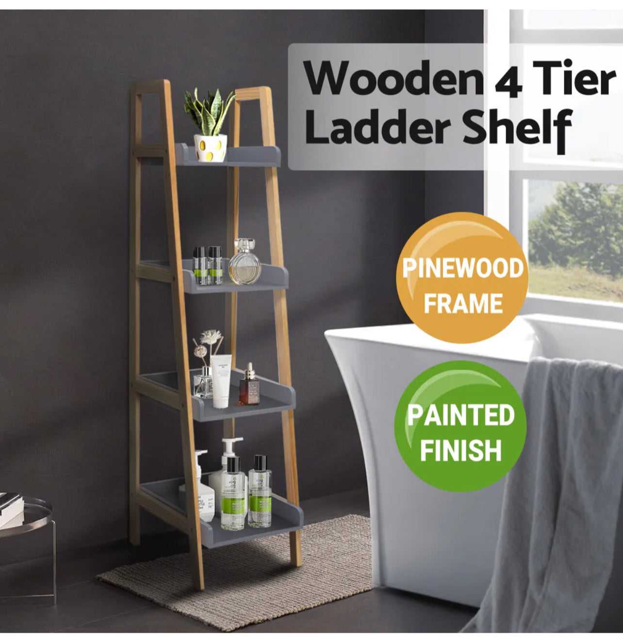 4 Tier Display Ladder Shelf Bookcase Bookshelf Storage Rack Wooden Flo