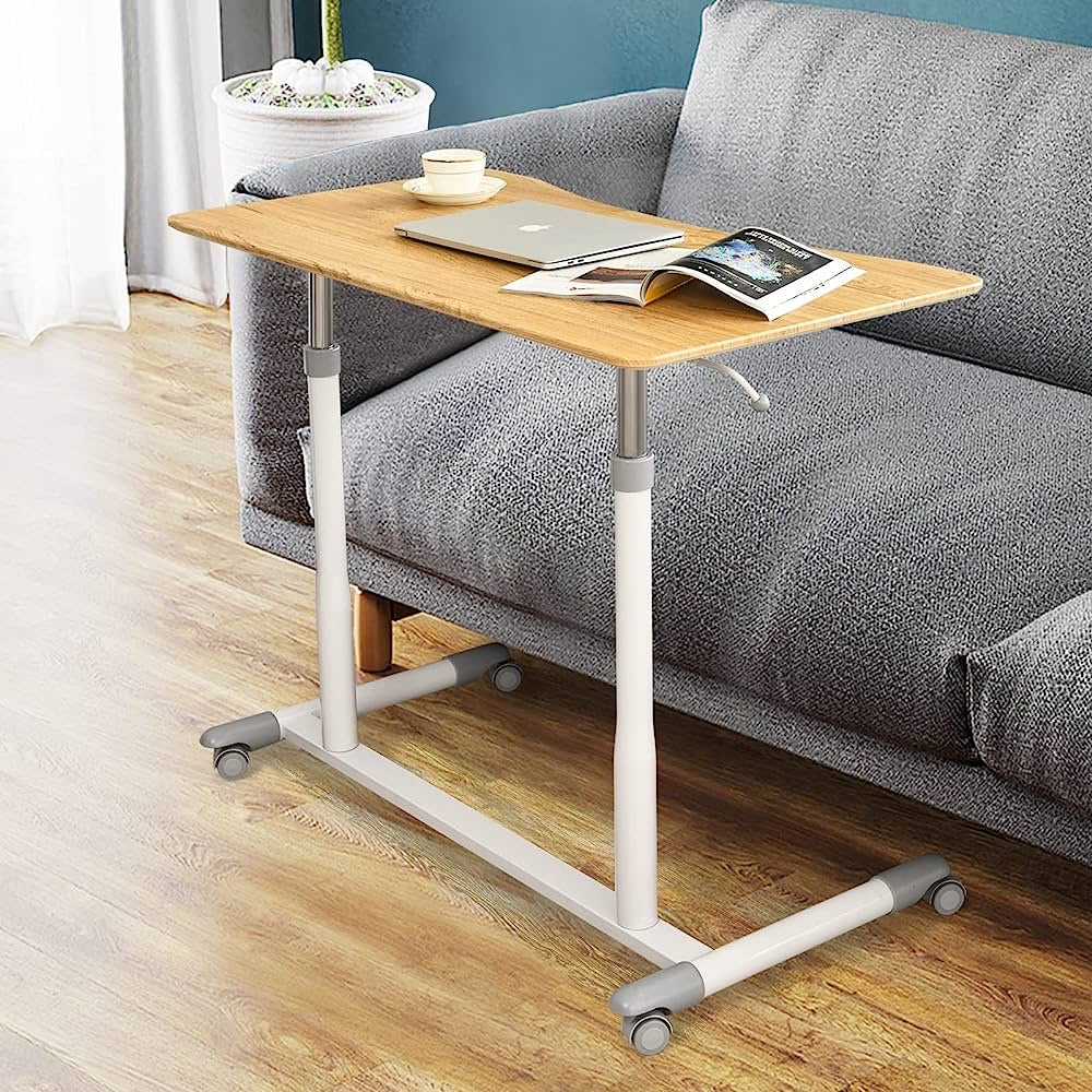 Mobile Height Adjustable Standing Desk, Compact Pneumatic Sit to Stand Up Computer Desk w/ Lockable Wheels, Ergonomic Rolling Laptop Table w/ Steel Frame for Home Office (Brown)
