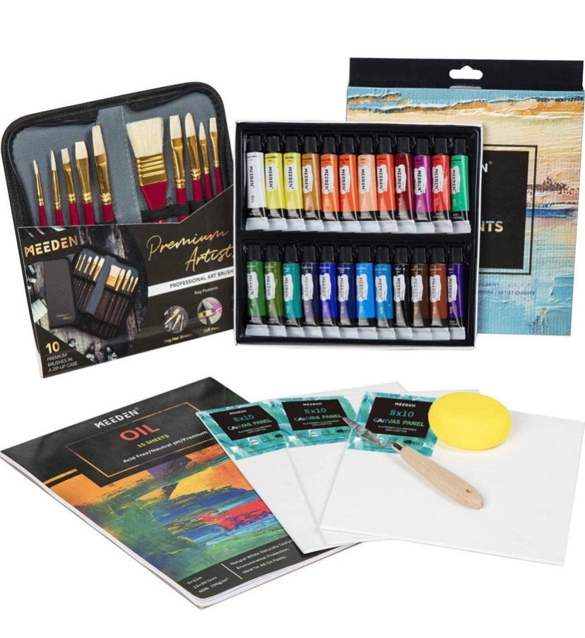 40 Pcs Oil Painting Kit with 24x12ML Oil Paint Set, 10 Oil Paintbrushes, Canvas Panel, Oil Painting Pad, Palette Knife & Art Sponge, Perfect Oil Painting Kit for Beginners, Hobbyists, Kids