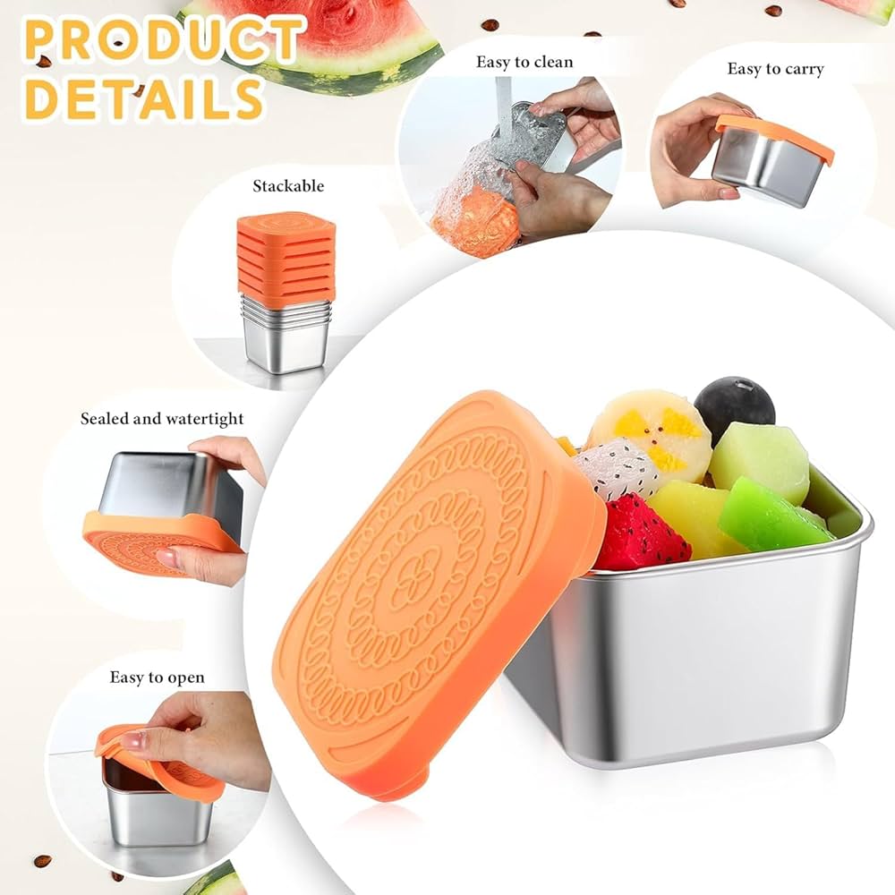 6 Pack Stainless Steel Snack Containers,Leak Proof Stainless Steel Storage Container With Silicone Lid,Suitable for Picnics Schools, Salad Dressing Containers Lunch Boxes