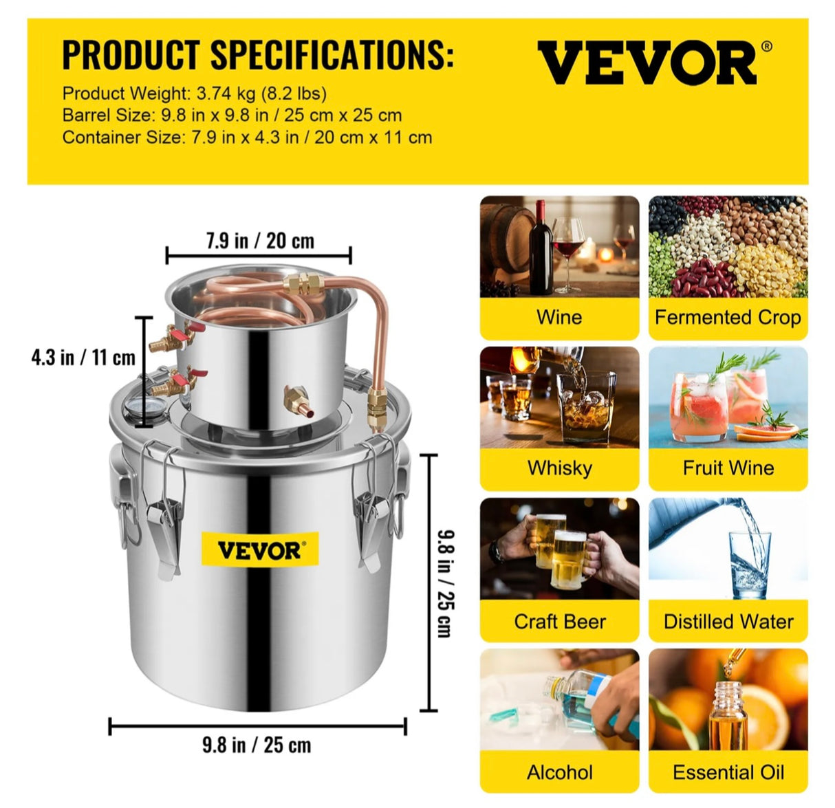 Alcohol Distiller Water Wine Home Copper Boiler Moonshine Still 12L 3Gal