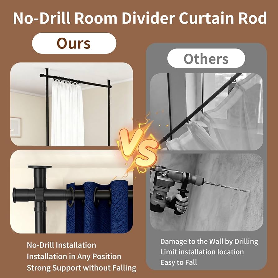 Room Divider Curtain Rod No Drilling, Wall Divider for Room Separation, 121-304cm(H) 71-177cm(W) Adjustable, Heavy Duty Floor to Ceiling Tension Curtain Stand, Black