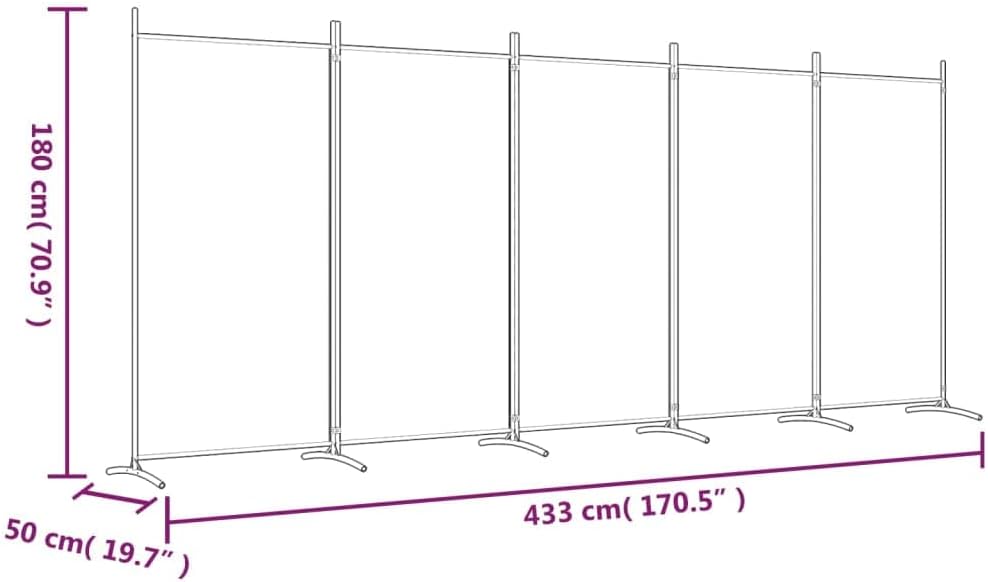 vidaXL Modern Room Divider with Foldable Design, 5-Panel Fabric Divider in White, Privacy Screen for Living Room and Bedroom, 433x180 cm