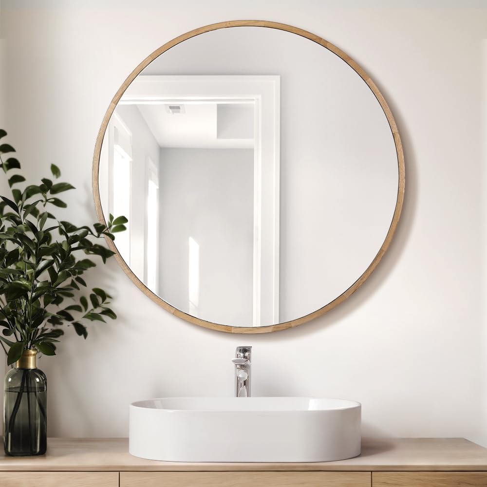 Simplus Round 600MM Bathroom Mirror Cabinet with Glass Door Shower Shaving Cupboard Wall Mounted Medicine Vanity Storage Shelves (Oak)