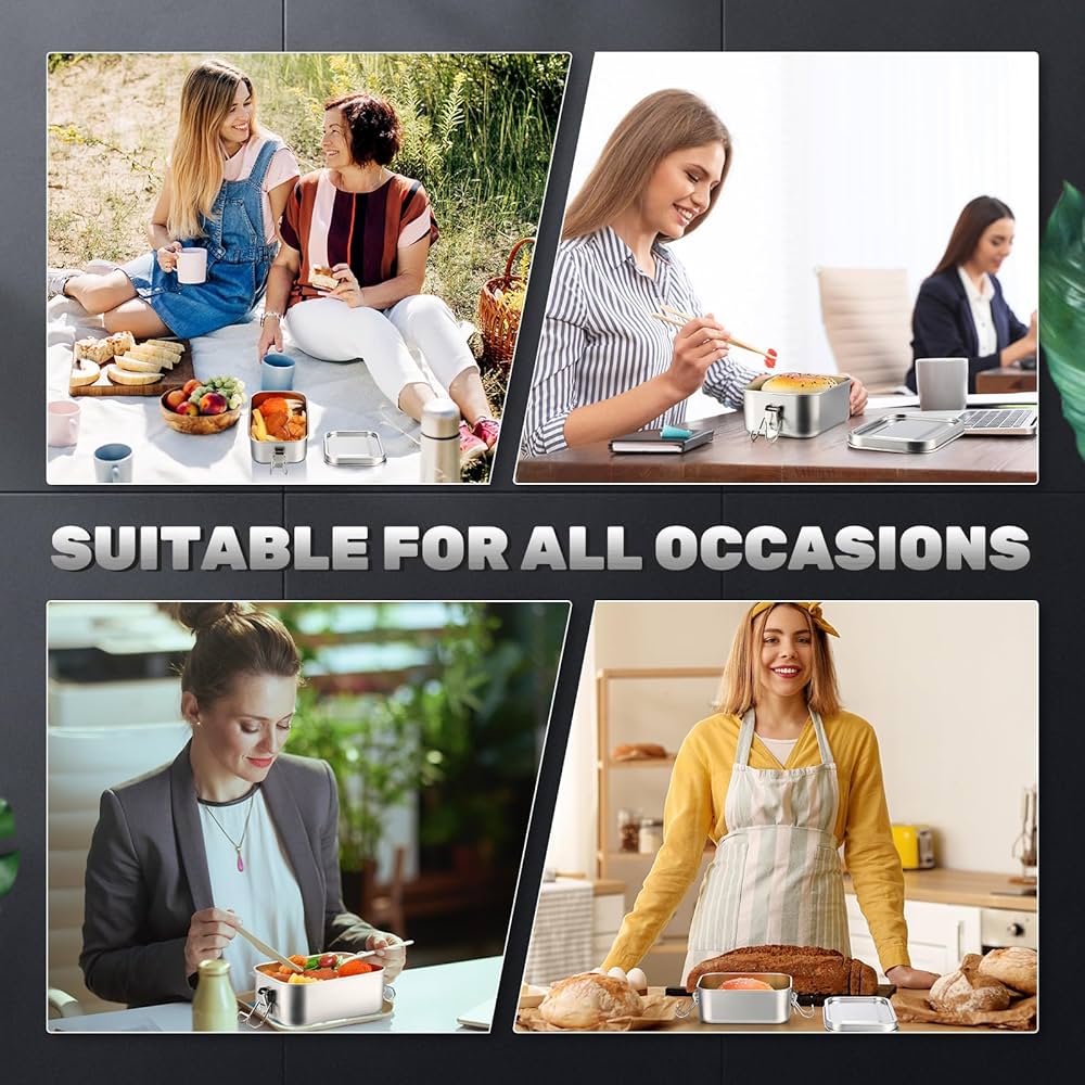 4 Pcs Stainless Steel Bento Box 550ml Metal Lunch Box Food Storage Containers Metal Lunch Container, Lockable Clips to Leak Proof, Reusable Dishwasher Safe Lunch Snack Boxes for Work, School