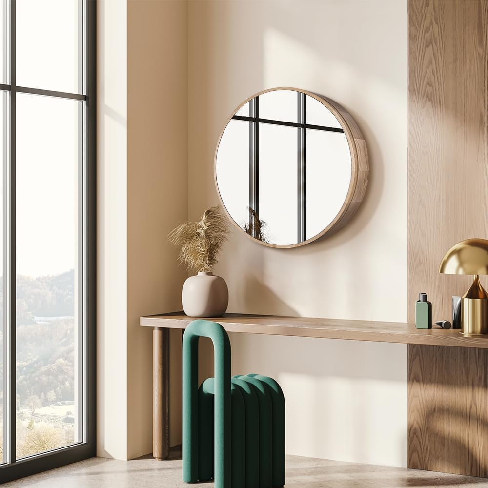 Simplus Round 600MM Bathroom Mirror Cabinet with Glass Door Shower Shaving Cupboard Wall Mounted Medicine Vanity Storage Shelves (Oak)