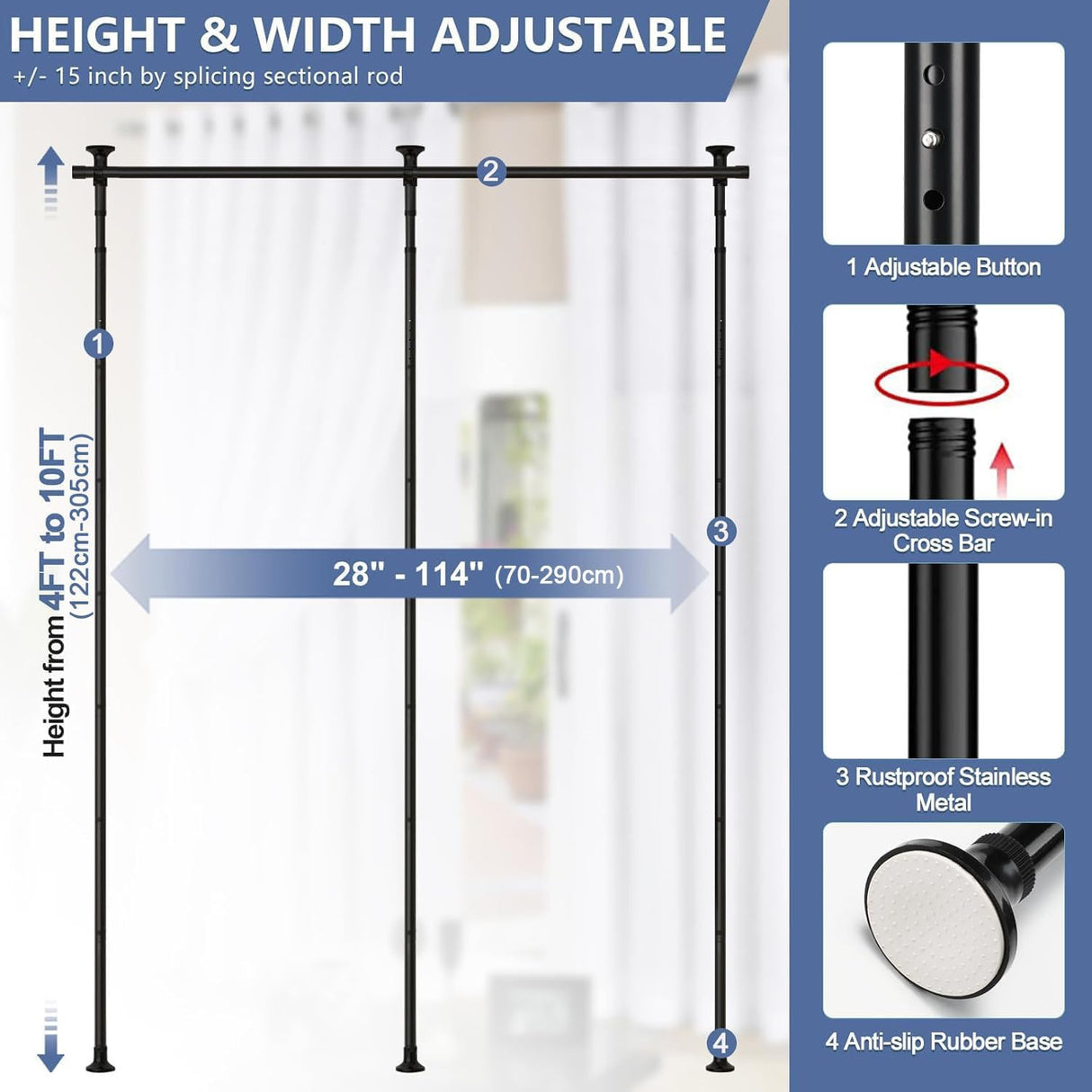 Room Divider No Drilling Curtain Rod Wall Divider for Room Separation, 122-305cm(H) 70-290cm(W) Adjustable, Heavy Duty Partition Space Separator Freestanding Tension Curtain Standr, Black