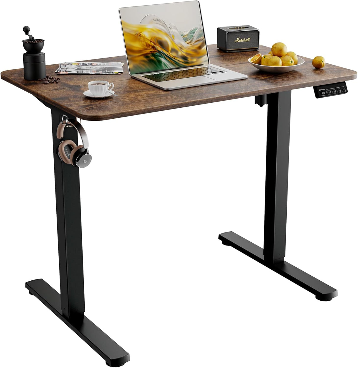 ERGOMAKER Electric Standing Desk 90x60cm (35.4"x23.6"), Height Adjustable Standing Desk with Splice Board, Sit Stand Desk with Hook and Memory Smart Handset(Black Frame + Rustic Brown Desktop)