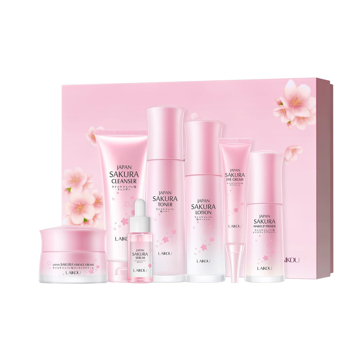 Skin Care Set JAPAN SAKURA Beauty Gift Sets Skin Care Kit with Cleanser, Serum, Eye Cream, Face Cream Travel Kit for Women Mom Wife Teen Girls Gentle Skin Cleaning TSA-friendly Sizes 4pcs