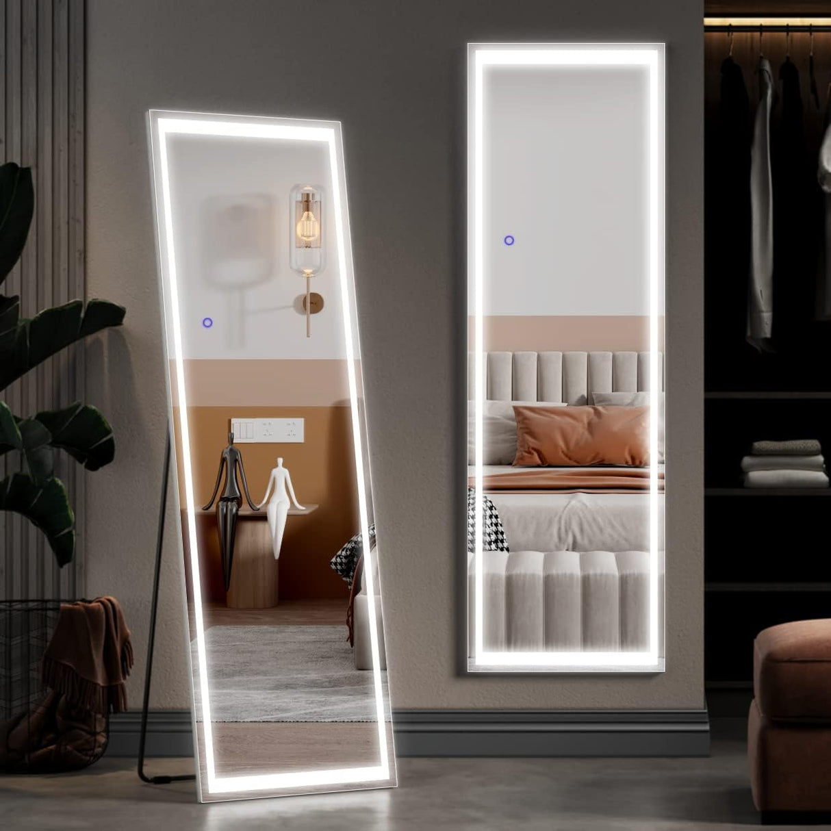 LED Full Length Mirror, 160 x 50 cm Floor Mirror with Lights, Wall Mounted Lighted Mirror, Free Standing Mirror, Dressing Body Mirror, 3 Color Lighting & Dimmable Brightness