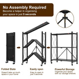 3-Tier Foldable Storage Shelf with Wheels - Metal Collapsible Shelving Unit Display, Rolling Cart for Books Kitchen Storage Shelves - Black