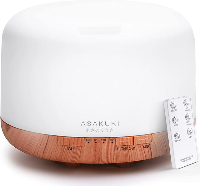 ASAKUKI 500ml Essential Oil Diffuser, 5 in 1 Ultrasonic Aromatherapy Fragrant Oil Diffusers, Vaporizer Humidifier with Remote Control, Timer, Auto-Off Safety Switch, 7 LED Light Colors