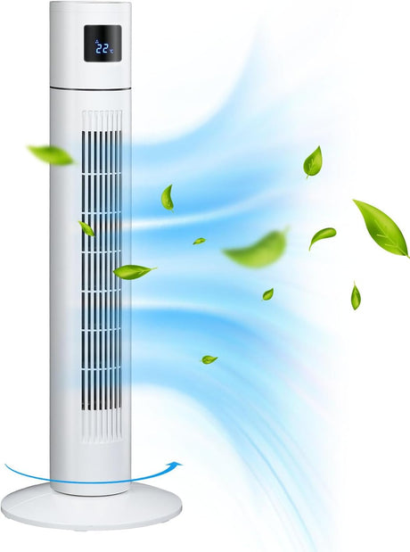 YOPOWER Tower Fan Portable Floor Fan Electric Cooling Fans with 3 Speed, 12H Timer, 70° Oscillating, LED Digital Display for Bedroom Home Office, White
