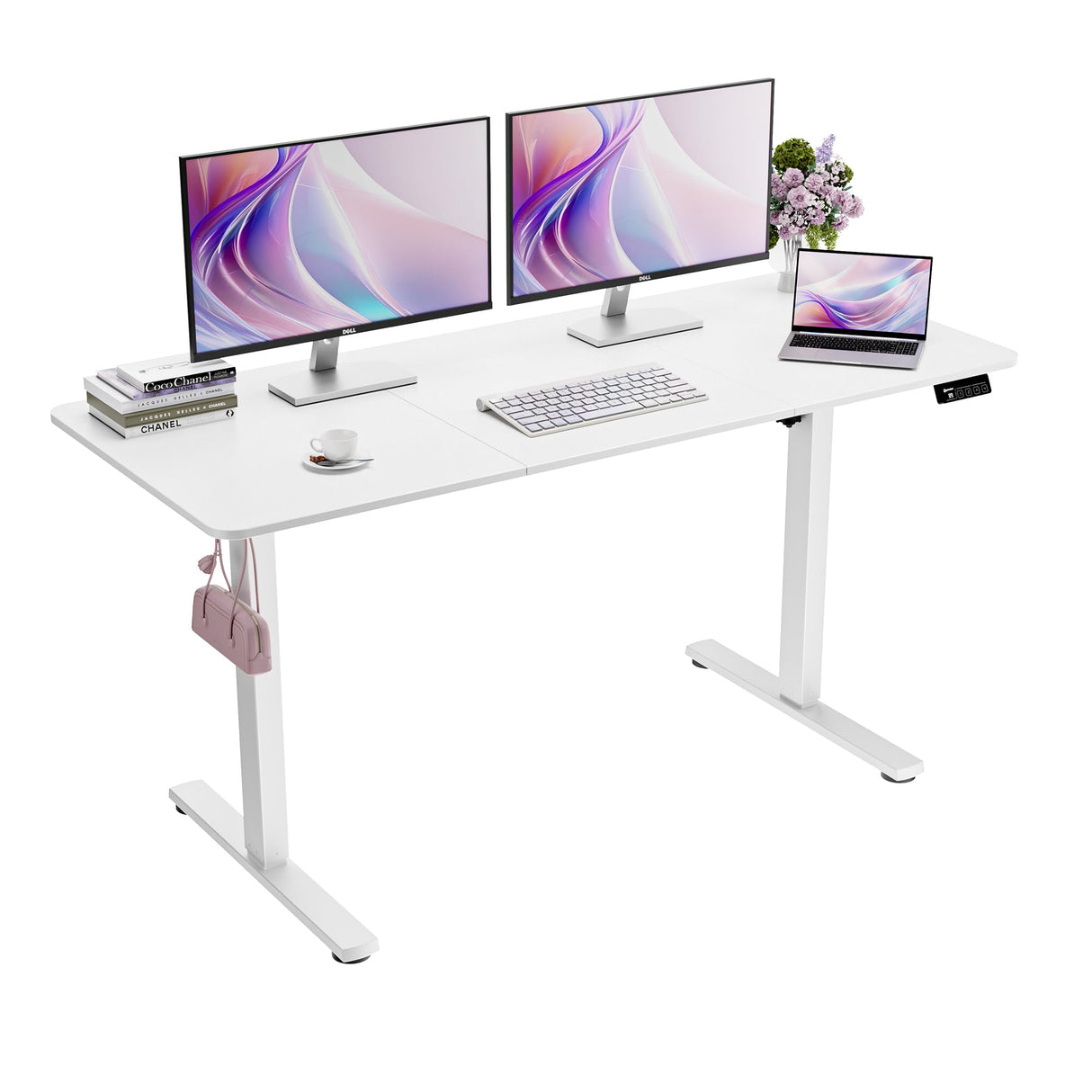 ERGOMAKER Electric Standing Desk 80x60cm (31"x23.6"), Height Adjustable Sit Stand Desk with Splice Board for Home Office, Computer Desk Memory Preset (White Frame + White Desktop)