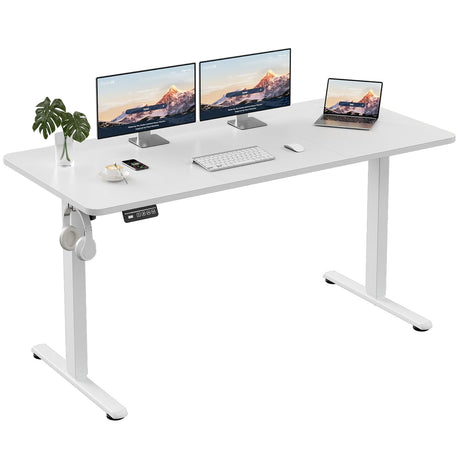 Electric Standing Desk 140x60cm (55.1"x23.6"), Height Adjustable Sit Stand Desk with Hooks, Metal Frame Stand up Desk with Powerful Motor, Ergonomic Computer Desk for Home Office (Brown)