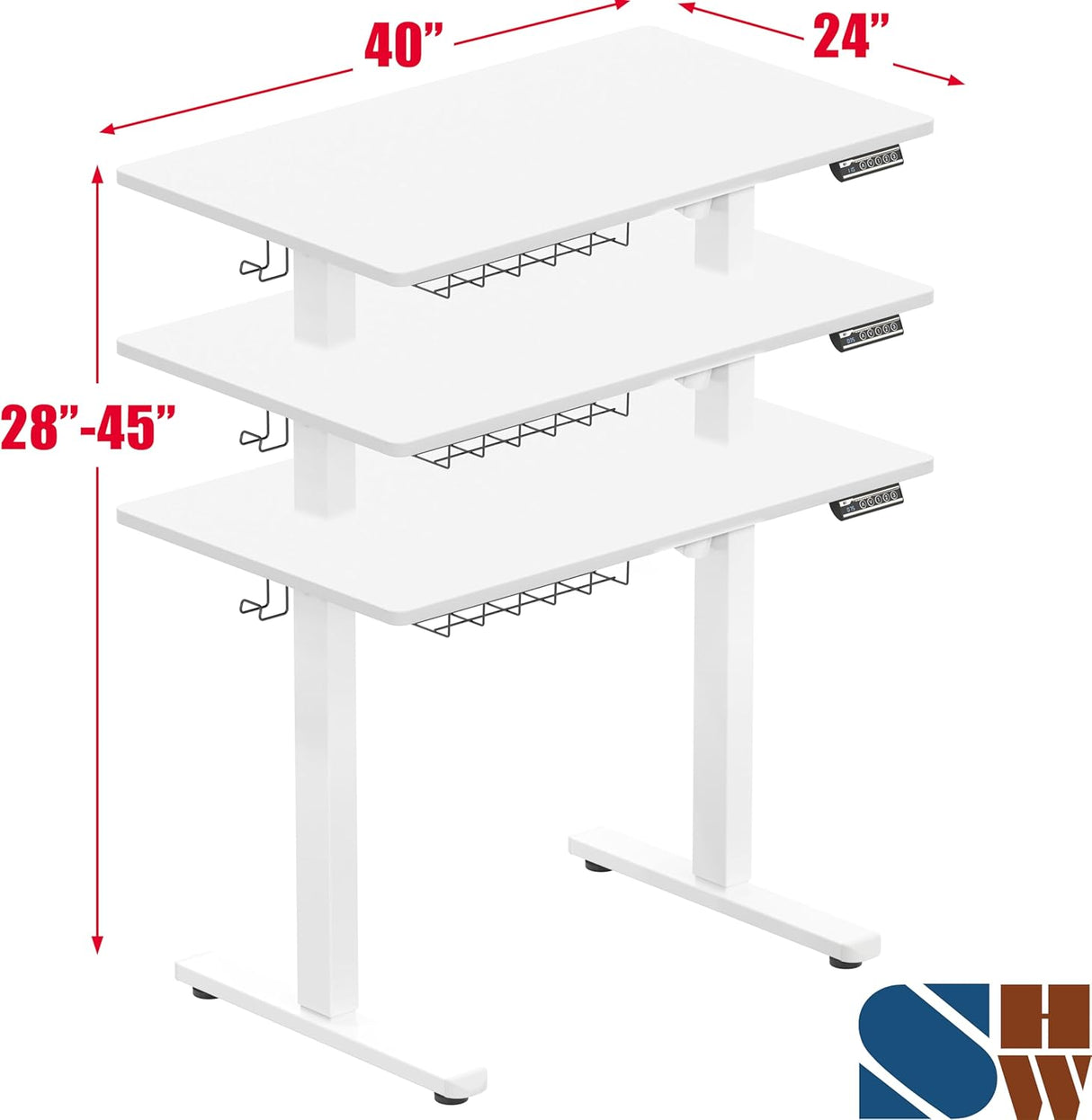 SHW 100 x 55 cm Electric Standing Desk, Whole Piece Desktop Height Adjustable Sit to Stand Desk with Hanging Hooks and Cable Management, White Frame with White Top