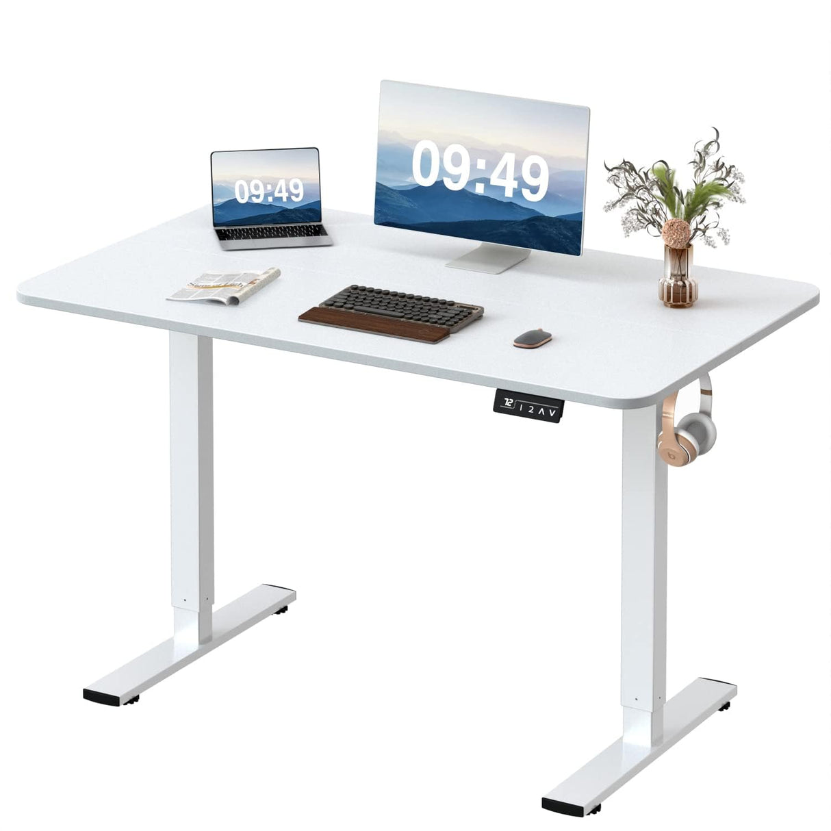 Furmax Standing Desk Electric Height Adjustable with Memory Preset Sit Stand up Desk 140x60cm Home Office Computer Desk with T-Shaped Metal Bracket (White, 140cm)