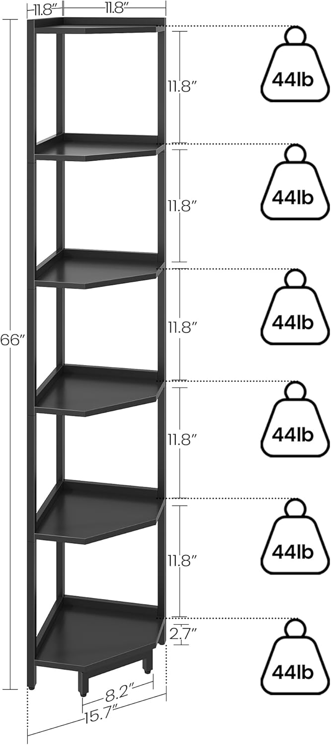 Hzuaneri Corner Shelf Stand, Corner Bookshelf, Storage Standing Shelf Unit with Metal Frame, Plant Stand, Corner Bookcase for Living Room, Home Office, Bedroom, Black CS06006B