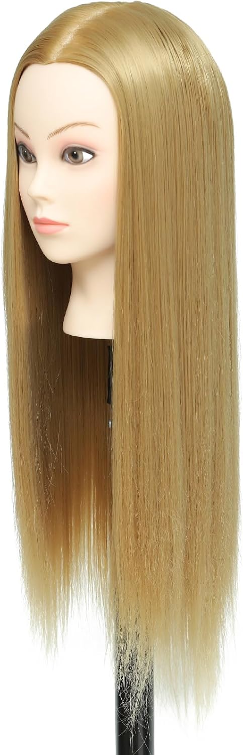 26-28'' Mannequin Head Synthetic Fiber Hair Styling Training Head Dolls for Cosmetology Manikin Maniquins Practice Head with Table Clamp Holder （27#）