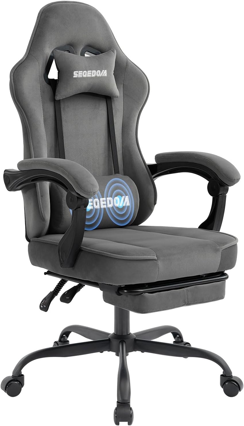 segedom Gaming Chair Technology Fabric Computer Chair with Pocket Spring Cushion, Comfortable Ergonomic Gamer Chair for Adults, Massage Game Chair with Footrest,Reclining Chair, Home,Office,Teens,Grey