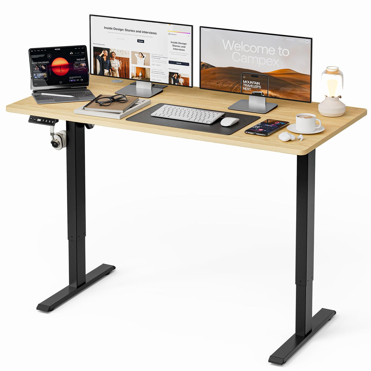 UMOMO 120 x 60cm Electric Standing Desk, Height Adjustable Sit Stand Desk with Splice Board, Workstation Computer Desk with Cable Management for Home Office (White Top White Frame)